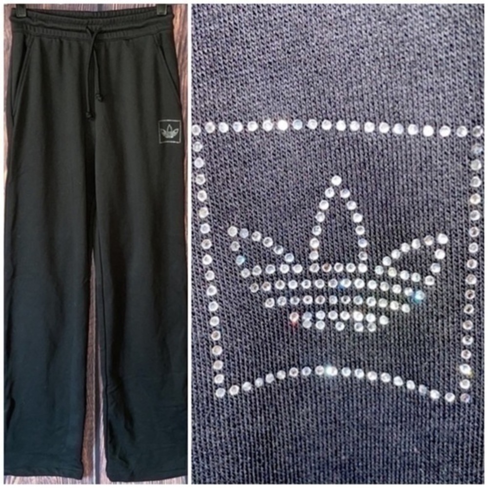 Adidas Crystal Trefoil Hi Rise Pocket Drawstring Athleisure Sweat Workout Pants